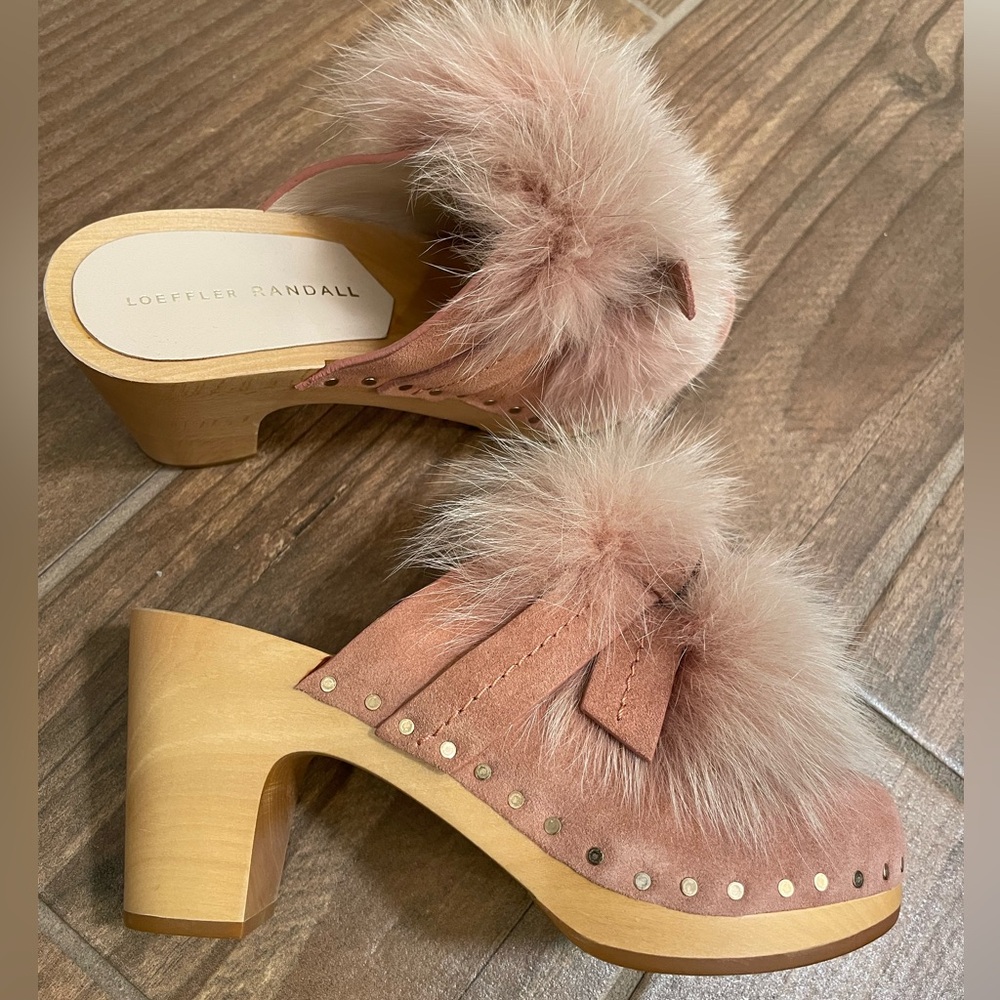 Loeffler Randall Phillips Fox Fur Pom Pom Mule Clog Suede Pink Mauve 35 5 Tan - Picture 3 of 10